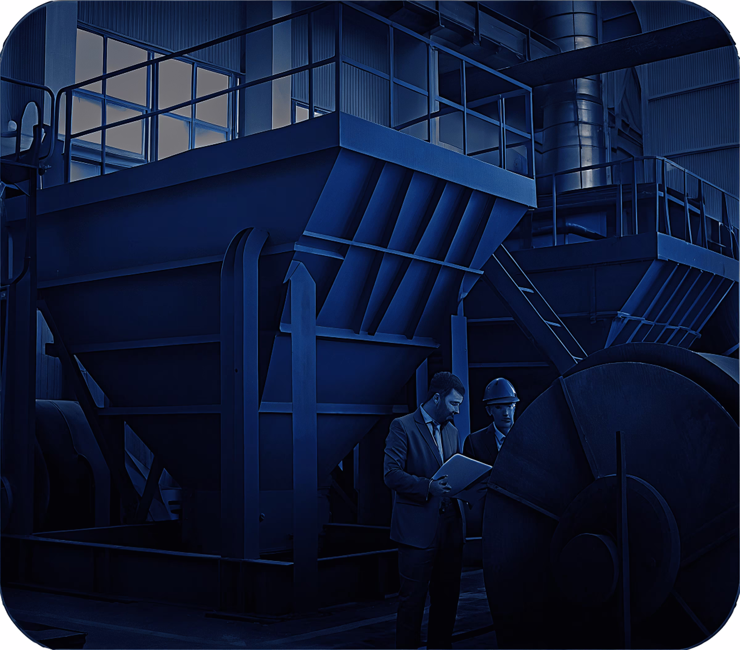 Plano de Fundo com máquina Industrial e dois especialistas analisando